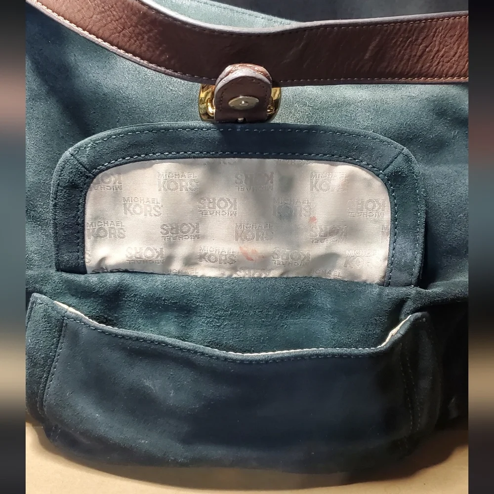 Michael Kors Dark‎ Green Black Suede And Leather Hobo Shoulder Bag